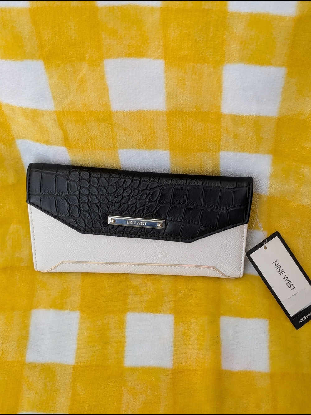 Nine West Bicolor Croc-Texture Envelope Wallet - Black & White